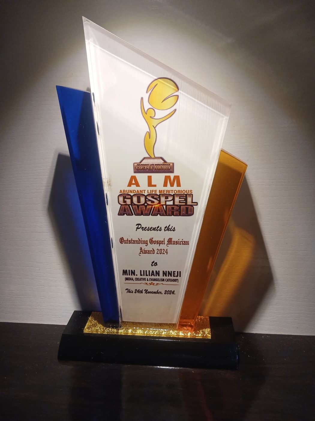 ALM Abundant Life Meritorious Gospel Award trophy for Outstanding Gospel Musician 2024