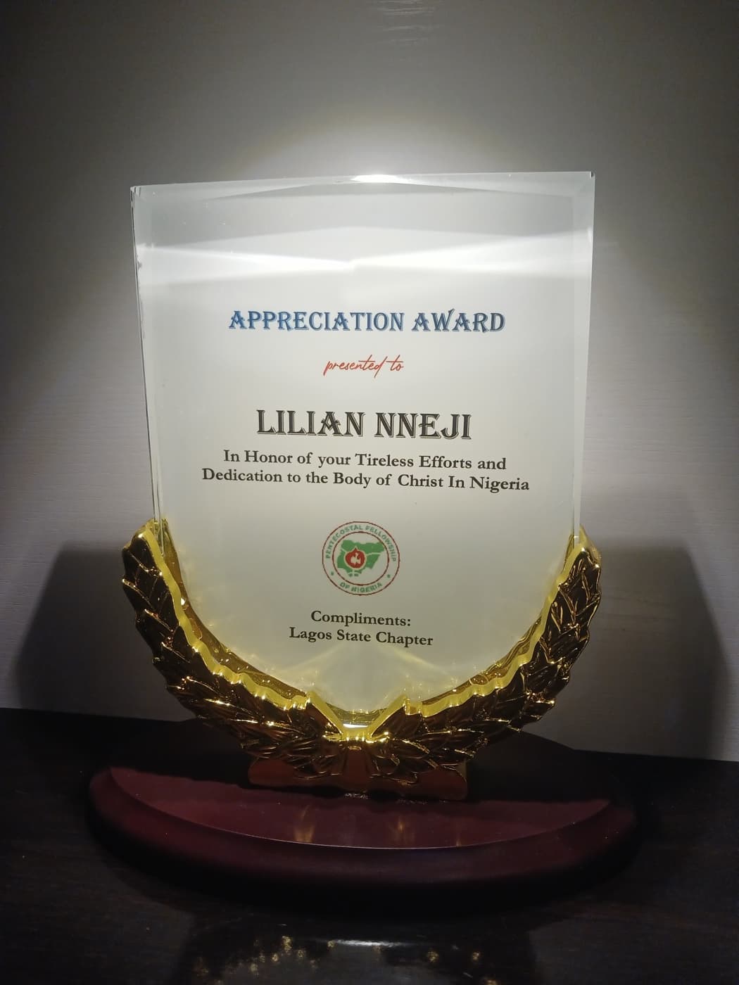 Pentecostal Fellowship of Nigeria Lagos State Chapter Appreciation Award for Lilian Nneji