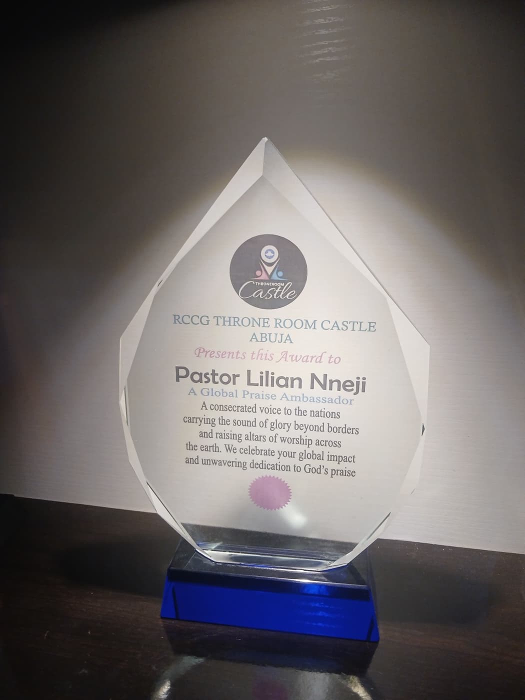 RCCG Throne Room Castle Abuja award naming Pastor Lilian Nneji A Global Praise Ambassador